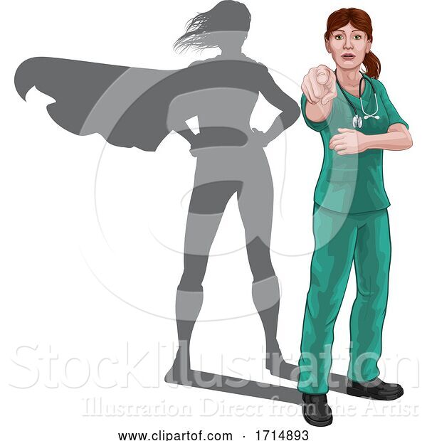 Vector Illustration of Nurse Doctor Lady Super Hero Shadow Pointing