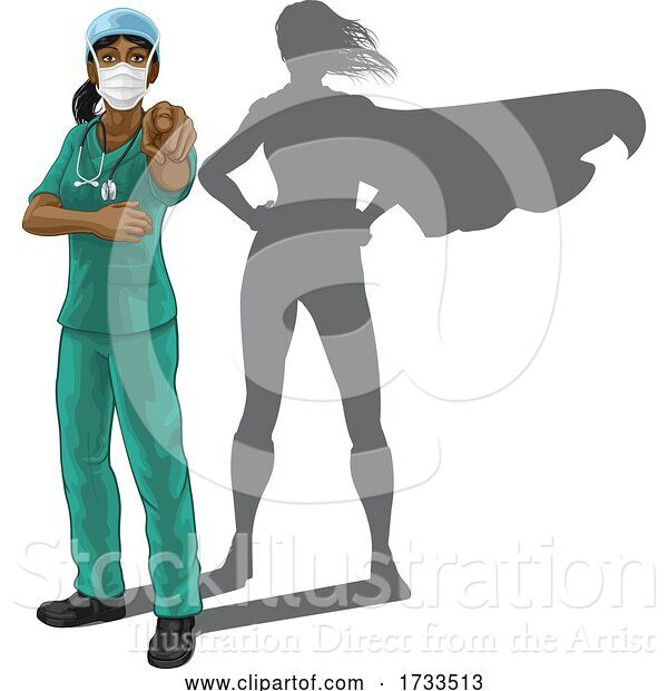 Vector Illustration of Nurse Doctor Lady Super Hero Shadow Pointing