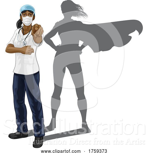 Vector Illustration of Nurse Doctor Lady Super Hero Shadow Pointing