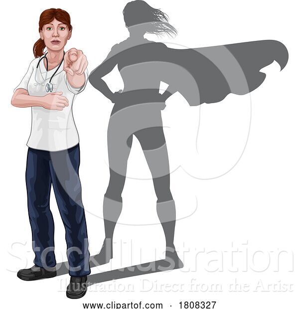 Vector Illustration of Nurse Doctor Lady Super Hero Shadow Pointing