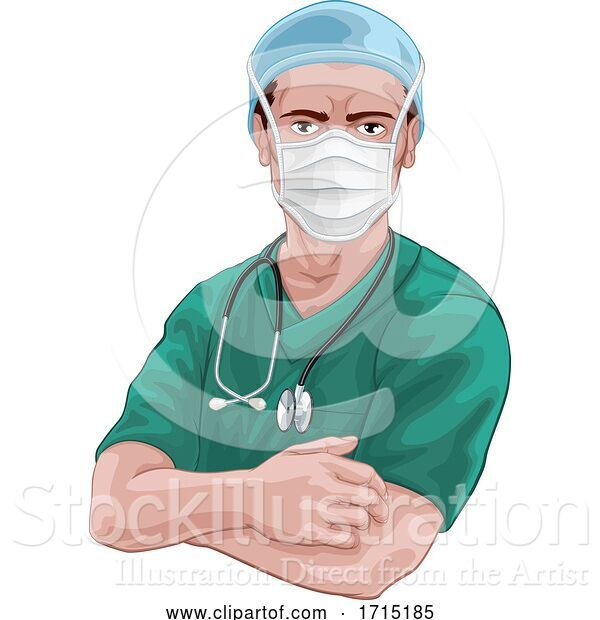 Vector Illustration of Nurse or Doctor in Scrubs and Surgical Mask PPE