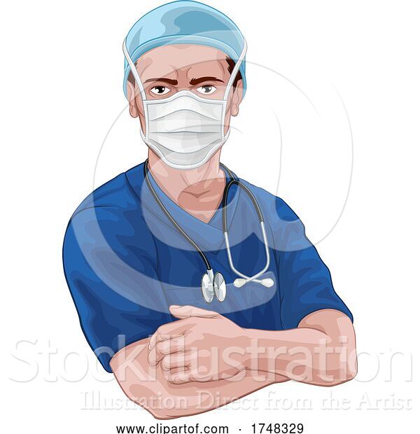 Vector Illustration of Nurse or Doctor in Scrubs and Surgical Mask PPE