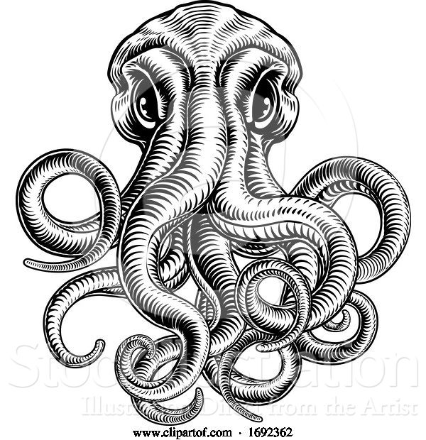 Vector Illustration of Octopus or Cthulhu Squid Monster Vintage Woodcut