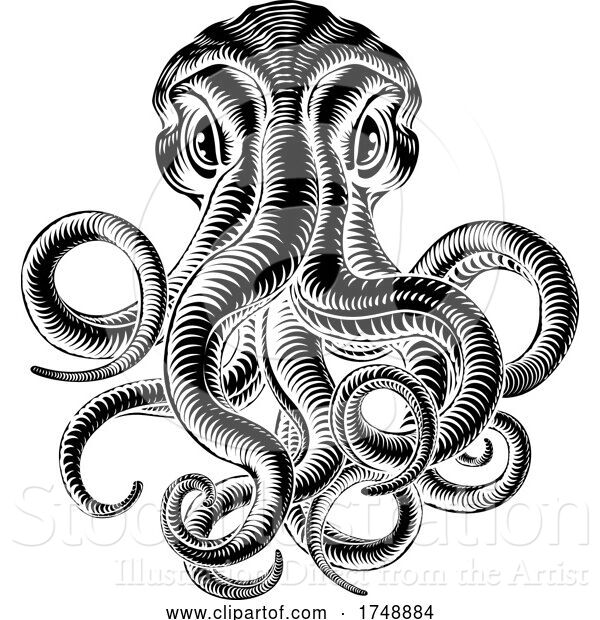 Vector Illustration of Octopus or Cthulhu Squid Monster Vintage Woodcut