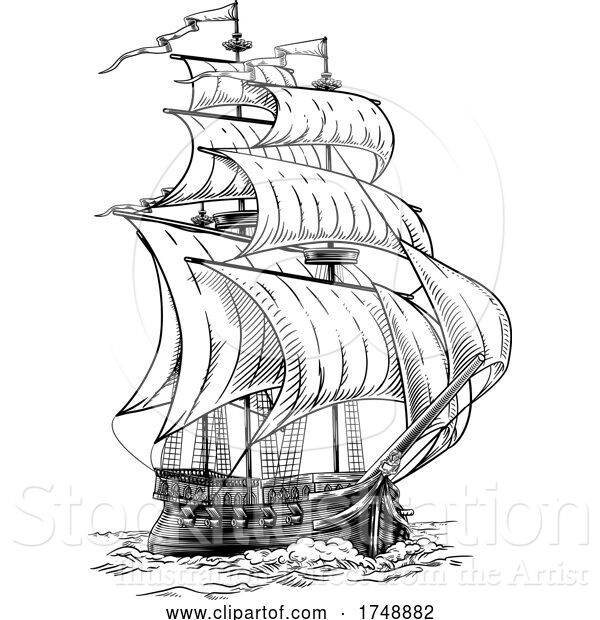 Vector Illustration of Old Fashioned Ship Vintage Etching Woodcut Style