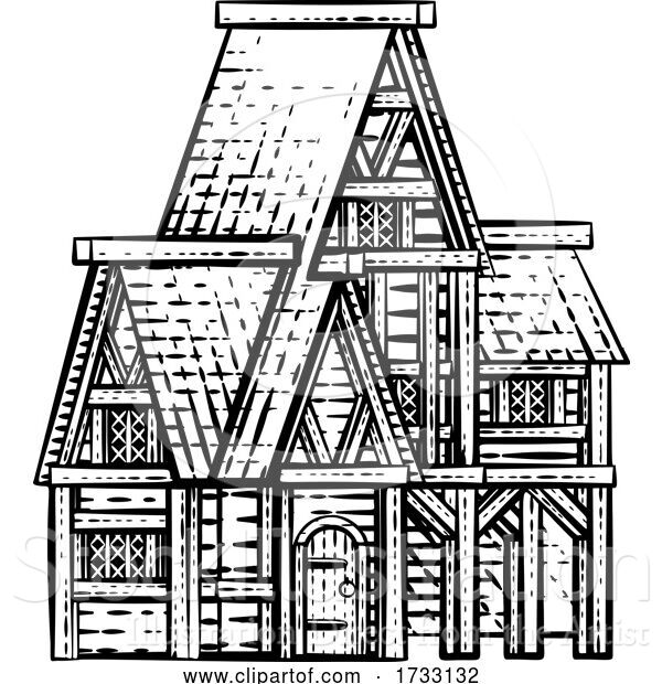 Vector Illustration of Old Medieval House Inn Building Vintage Woodcut