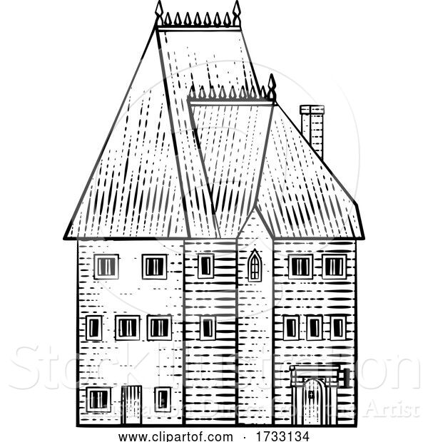 Vector Illustration of Old Medieval House Inn Building Vintage Woodcut