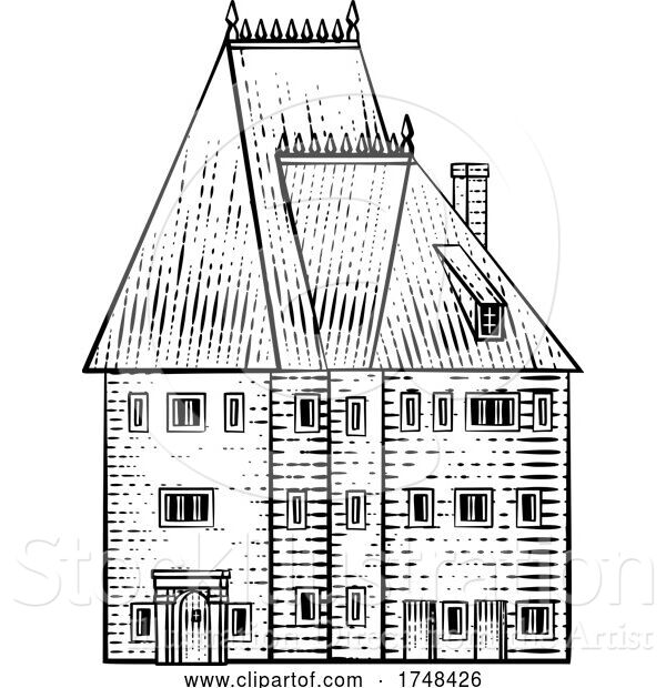 Vector Illustration of Old Medieval House Inn Building Vintage Woodcut