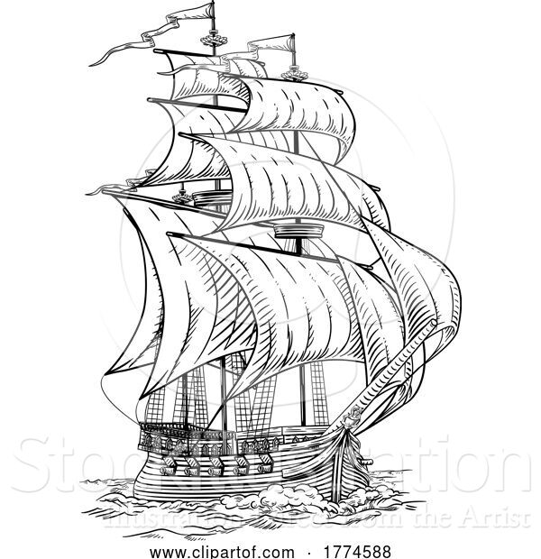 Vector Illustration of Old Vintage Ship Pirate Sail Boat Galleon Woodcut