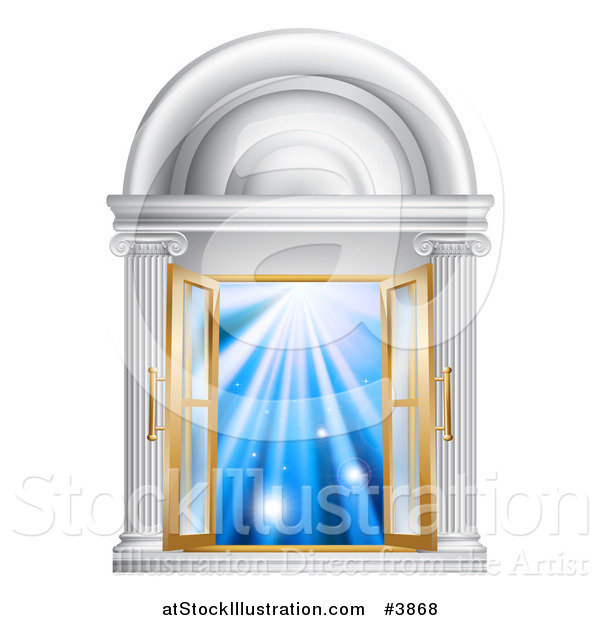 Vector Illustration of Open French Doors in a Marble Doorway with Blue Light