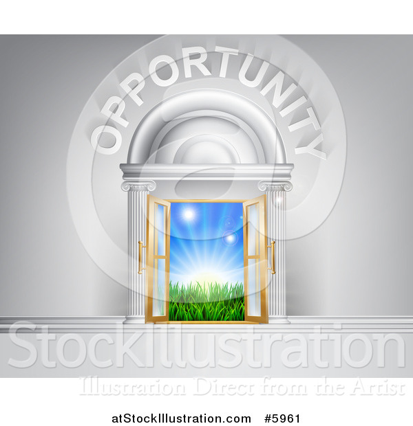 Vector Illustration of Opportunity over Open Doors with Sunshine and Grass