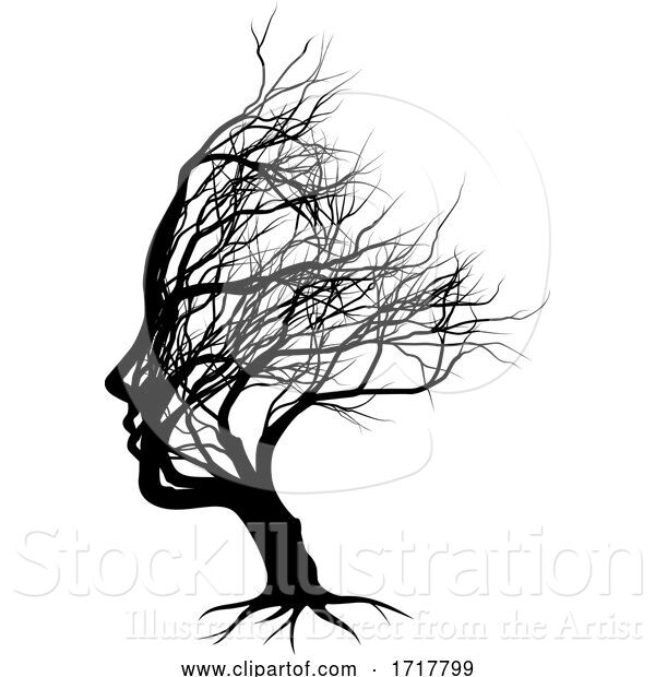 Vector Illustration of Optical Illusion Bare Tree Face Lady Silhouette