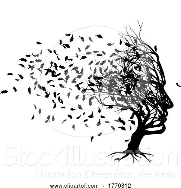 Vector Illustration of Optical Illusion Tree Face with Leaves Blowing