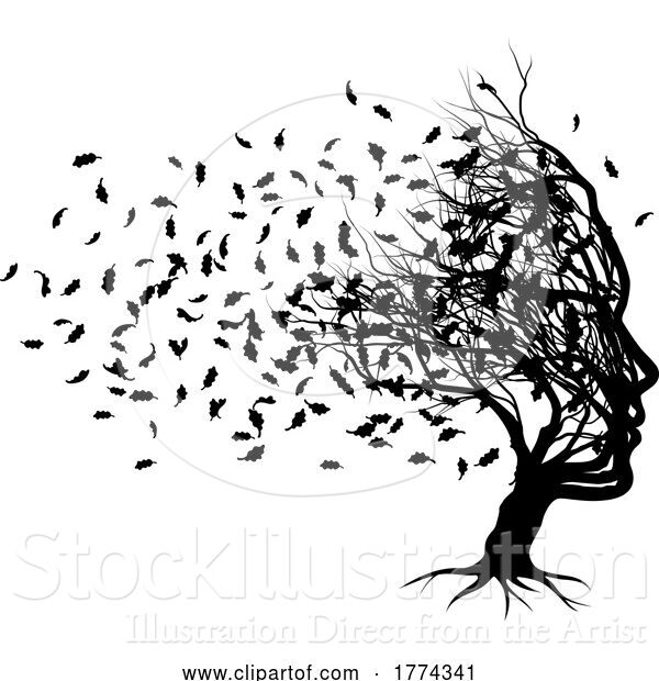 Vector Illustration of Optical Illusion Tree Face with Leaves Blowing
