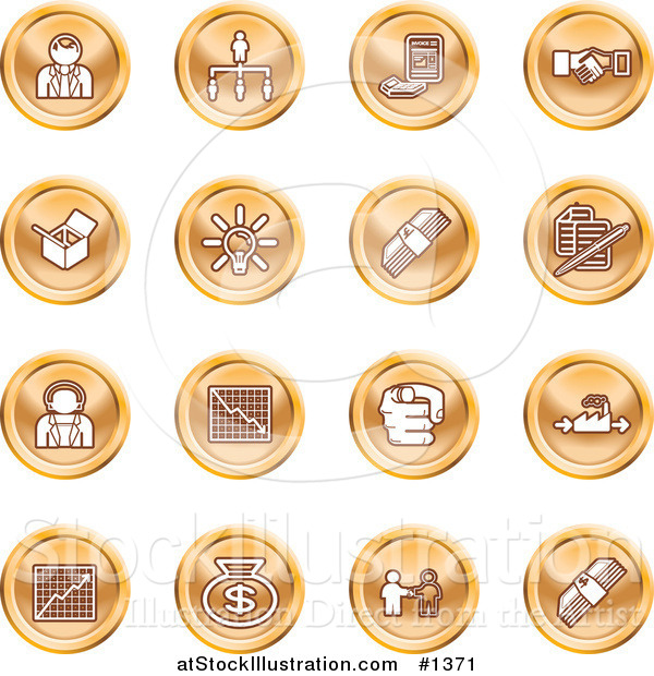 Vector Illustration of Orange Business Icons: Business People, Management, Hand Shake, Lightbulb, Cash, Charts, and Money Bags