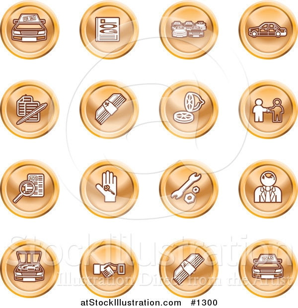 Vector Illustration of Orange Icons: Cars, a Log, Cash, Lemon, Dealer, Ads, Key, Wrench, Engine, Handshake and Money