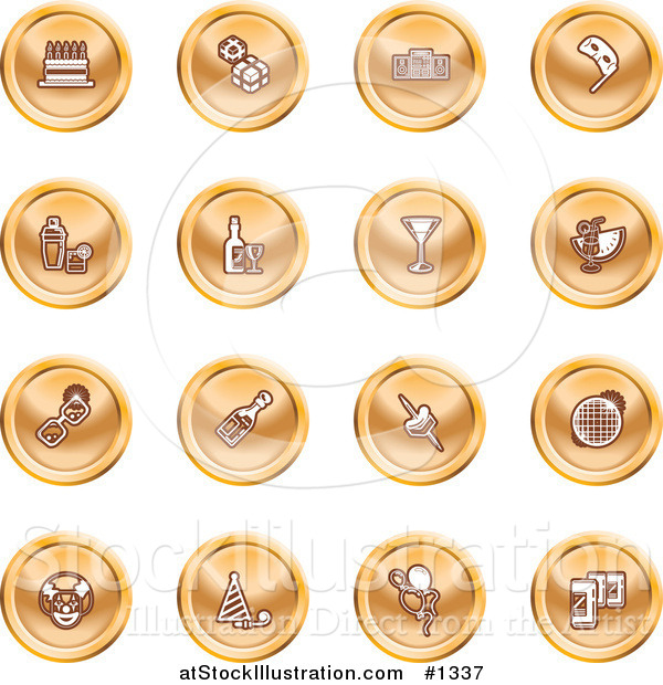 Vector Illustration of Orange Icons: Gifts, Radio, Mask, Alcohol, Kebobs, Disco Ball, Clown, Party Hats, Balloons and Beer