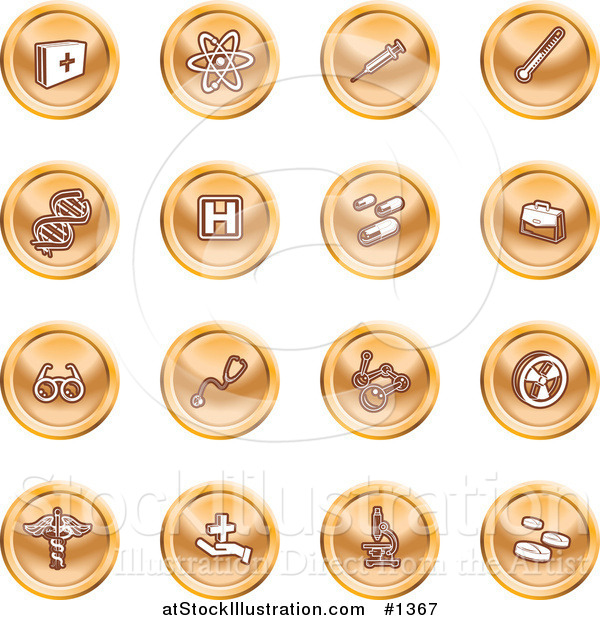 Vector Illustration of Orange Icons: Medicine, Science, and Biology