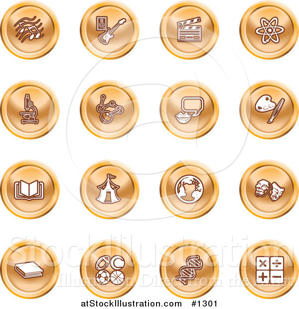Vector Illustration of Orange Icons: Music Notes, Guitar, Clapperboard, Atom, Microscope, Atoms, Messenger, Painting, Book, Circus Tent, Globe, Masks, Sports Balls, and Math