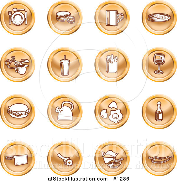 Vector Illustration of Orange Icons of Food and Kitchen Items on a White Background