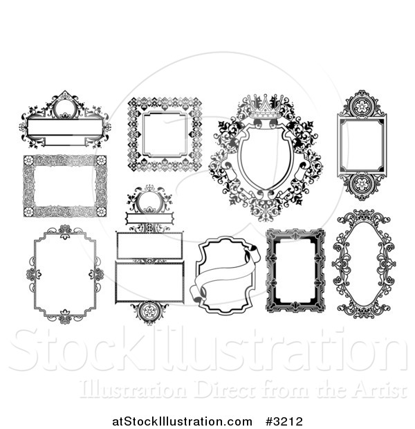 Vector Illustration of Ornate Black and White Frames and Banners