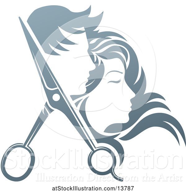 Vector Illustration of Pair of Hair Cutting Scissors with Profiled Male and Female Heads