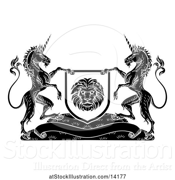 Vector Illustration of Pair of Unicorns Flanking a Lion Shield over a Banner, Black and White