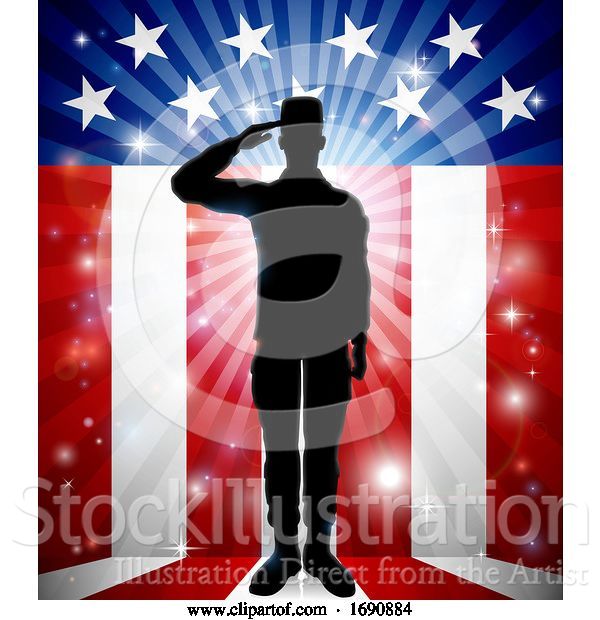 Vector Illustration of Patriotic American Soldier Saluting Flag