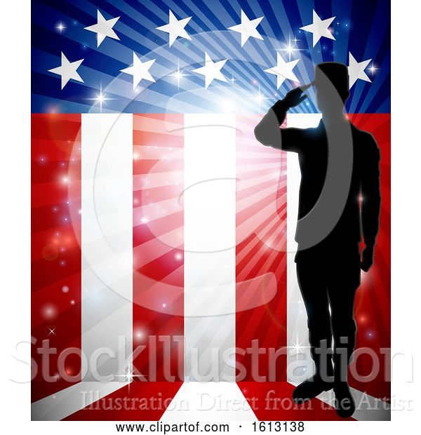 Vector Illustration of Patriotic Soldier Saluting American Flag