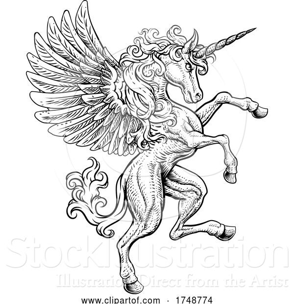 Vector Illustration of Pegasus Unicorn Rearing Rampant Crest Wings Horse