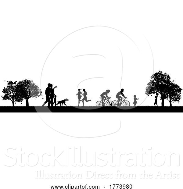 Vector Illustration of People Park Family Exercising Outdoors Silhouettes