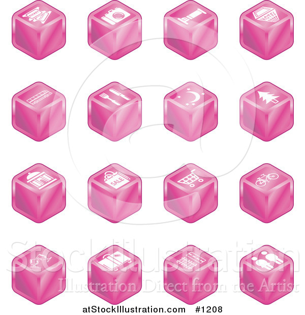 Vector Illustration of Pink Cube Icons: Tickets, Camera, Bed, Hotel, Bus, Restaurant, Moon, Tree, Building, Shopping Bags, Shopping Cart, Bike, Wine Glasses, Luggage, Train Tracks, Road, and Restrooms