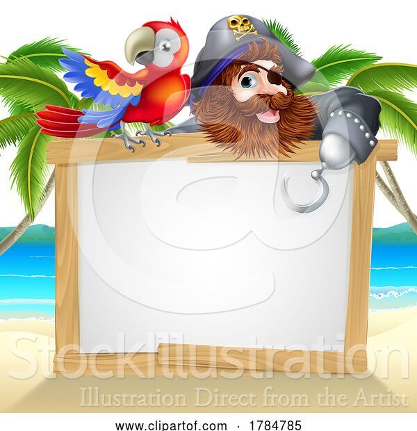 Vector Illustration of Pirate Captain and Parrot Beach Background