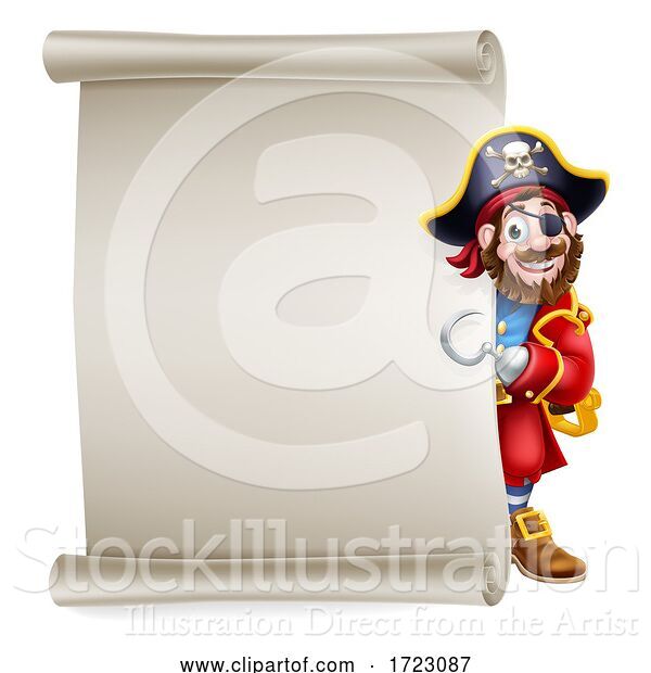 Vector Illustration of Pirate Captain Peeking Scroll Background