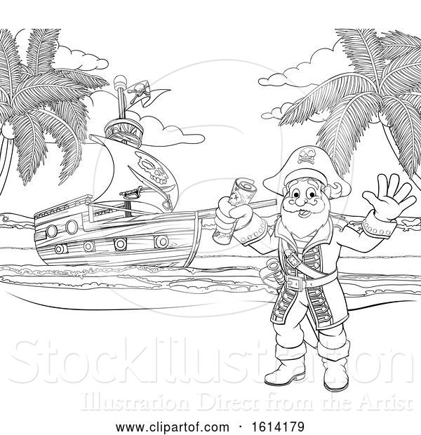 Vector Illustration of Pirate on Beach Coloring Page