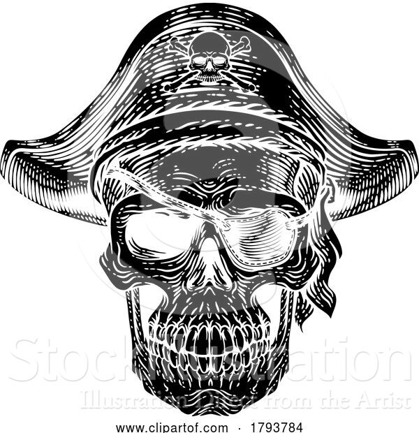 Vector Illustration of Pirate Skull Skeleton Grim Reaper Mascot Woodcut