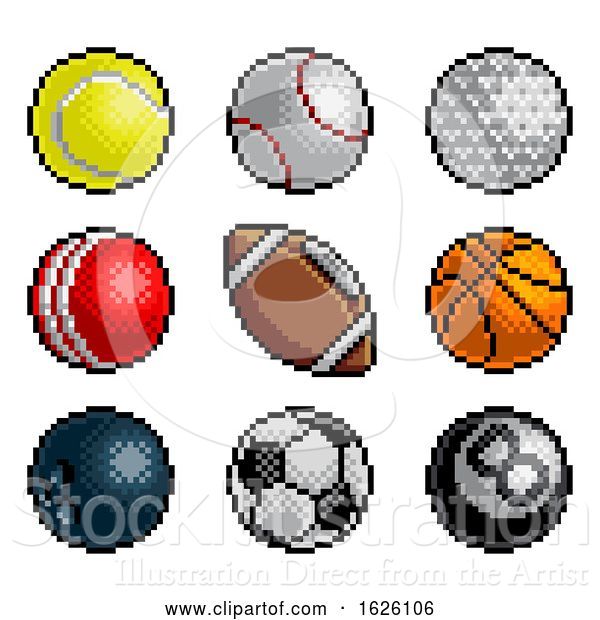 Vector Illustration of Pixel Art 8 Bit Video Arcade Game Sport Ball Icons