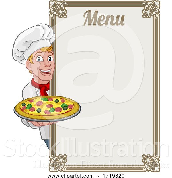 Vector Illustration of Pizza Chef Cook Guy Menu Sign Background