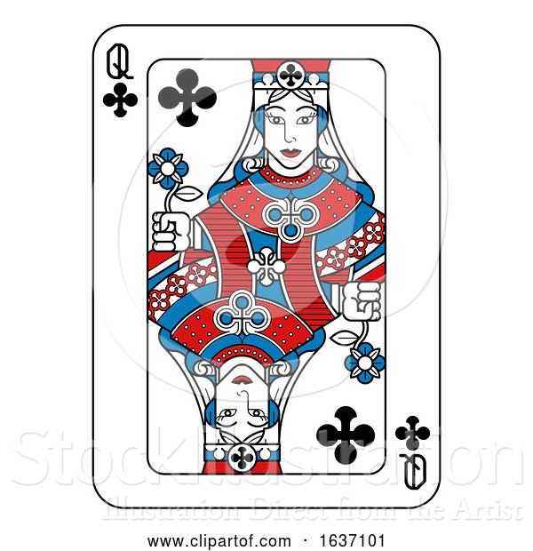 Vector Illustration of Playing Card Queen of Clubs Red Blue and Black