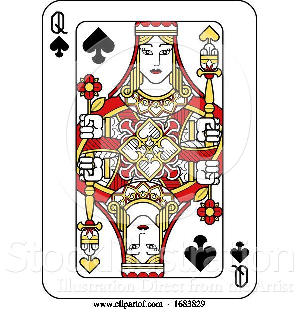 Vector Illustration of Playing Card Queen of Spades Red Yellow and Black
