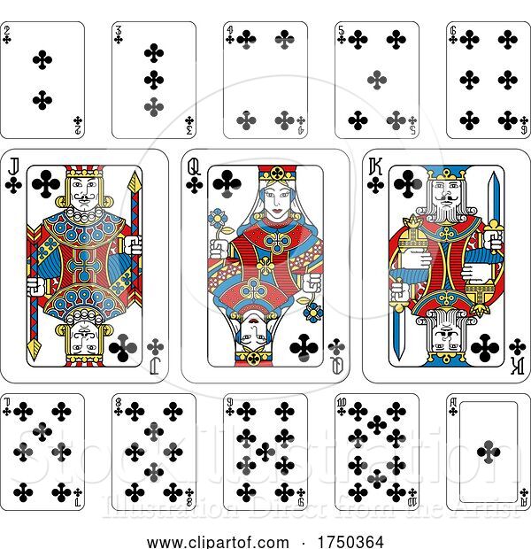 Vector Illustration of Playing Cards Clubs Yellow Red Blue and Black