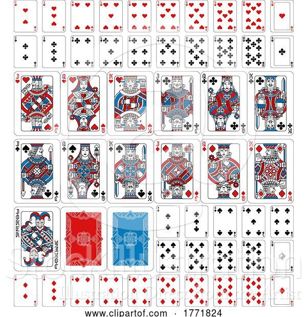 Vector Illustration of Playing Cards Deck Full Complete Red Blue Black