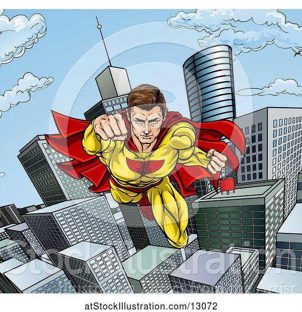 Vector Illustration of Pop Art Comic Male Super Hero Flying Forward over a City