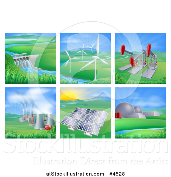 Vector Illustration of Power and Energy Generation Plants and Landscapes