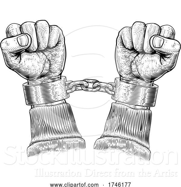 Vector Illustration of Prisoner Shackles Chained Hands Vintage Woodcut