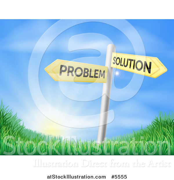 Vector Illustration of Problem and Solution Directional Signs over Sunrise