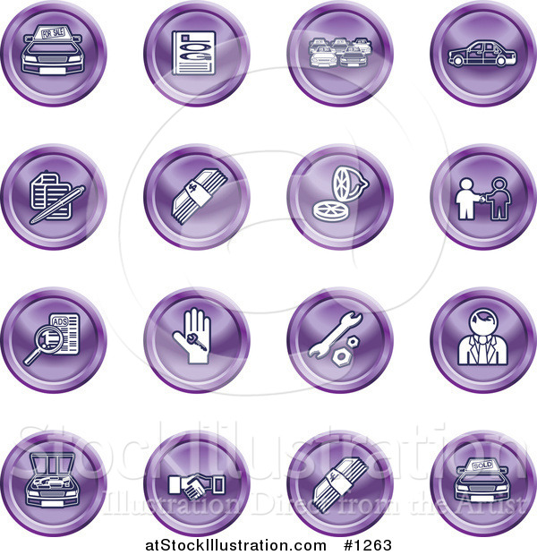 Vector Illustration of Purple Icons: Cars, a Log, Cash, Lemon, Dealer, Ads, Key, Wrench, Engine, Handshake and Money