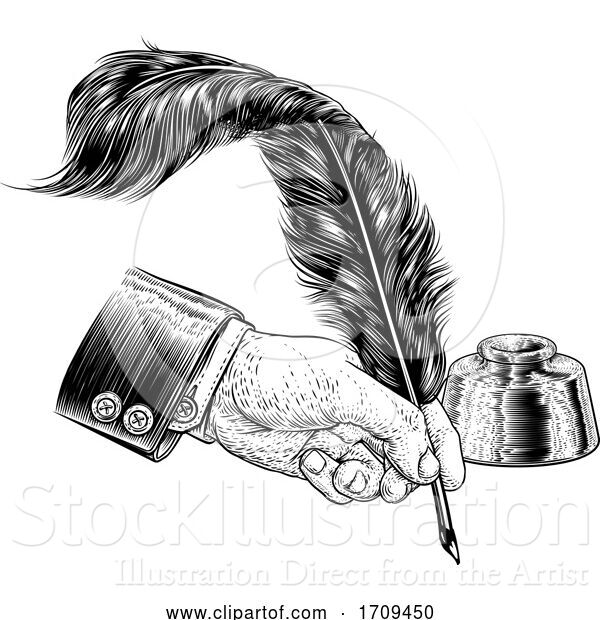 Vector Illustration of Quill Feather Ink Pen Hand Suit Vintage Woodcut