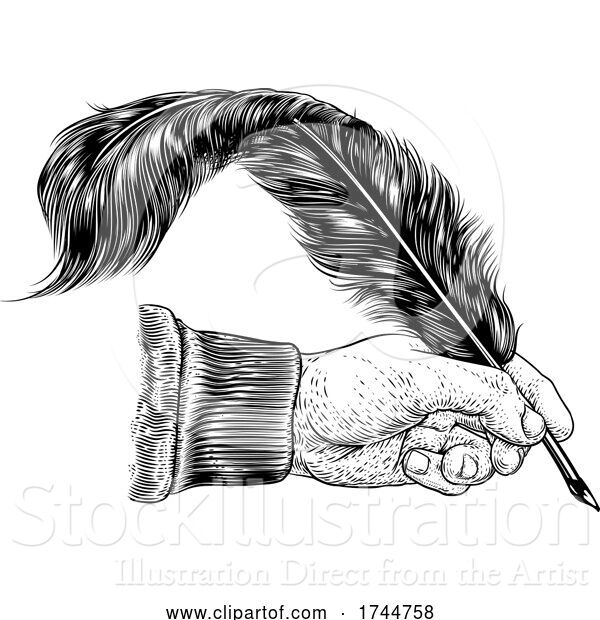 Vector Illustration of Quill Feather Ink Pen Hand Vintage Woodcut Print