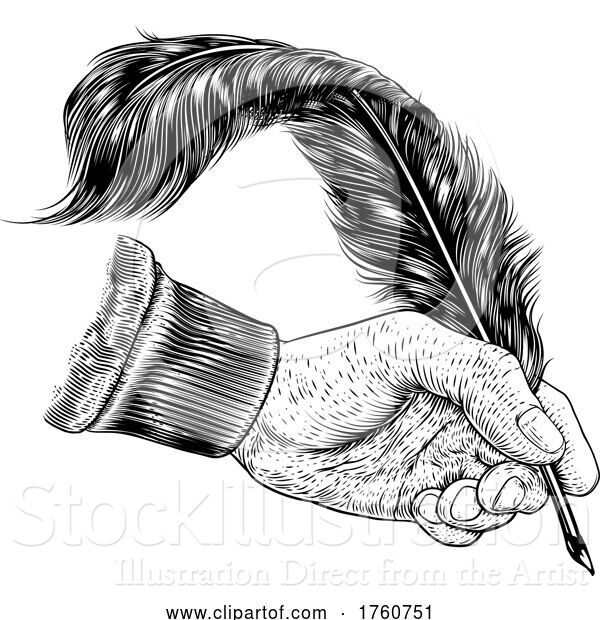 Vector Illustration of Quill Feather Ink Pen Hand Vintage Woodcut Print